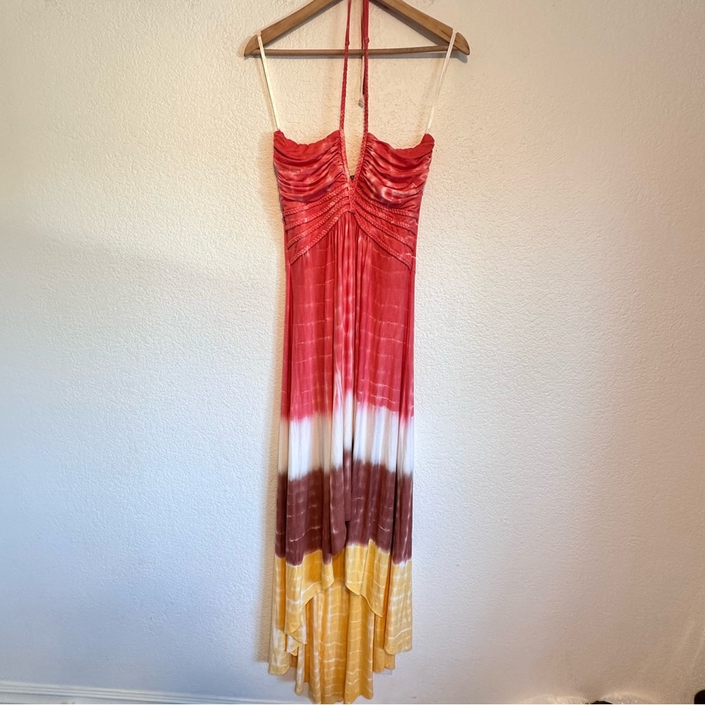 NWT Sky Clothing  Large Maxi Dress Braided Halter Tie Dye coral brown yellow